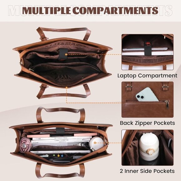 Vintage Laptop Bag Women Brown 15.6 Inch Waterproof Leather Work Tote Retro - Picture 2 of 7